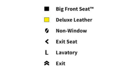 Aircraft Map Legend. Black Square = Big Front Seat. Yellow Square = Deluxe Leather. Oval with Diagonal Line = Non-Window. Left Arrow = Exit Seat. Uppercase L = Lavatory. 2 Upward arrows = Exit.